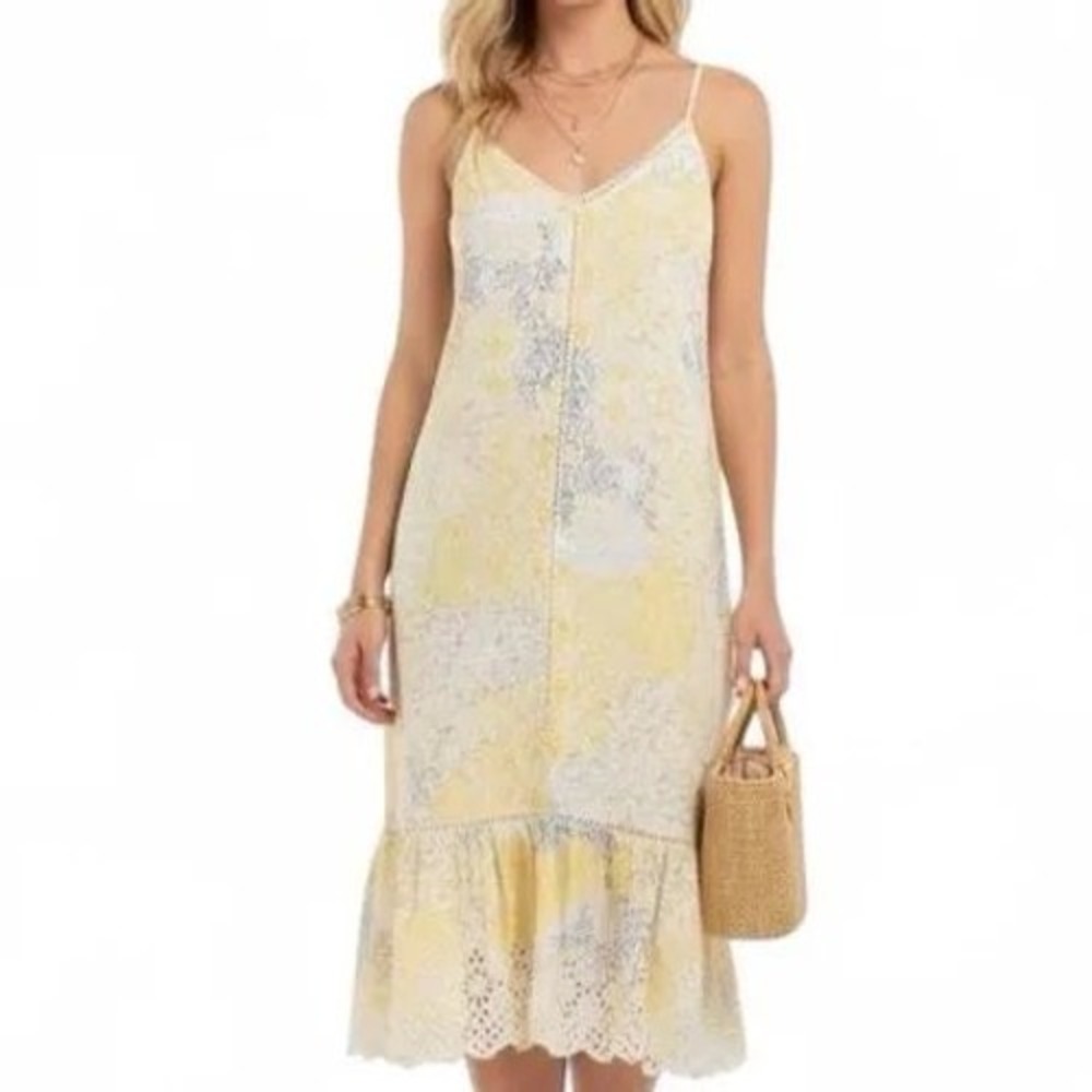 Rachel Zoe Yellow Paisley Eyelet Lace Sun Dress Medium Smocked Back Boho Summer